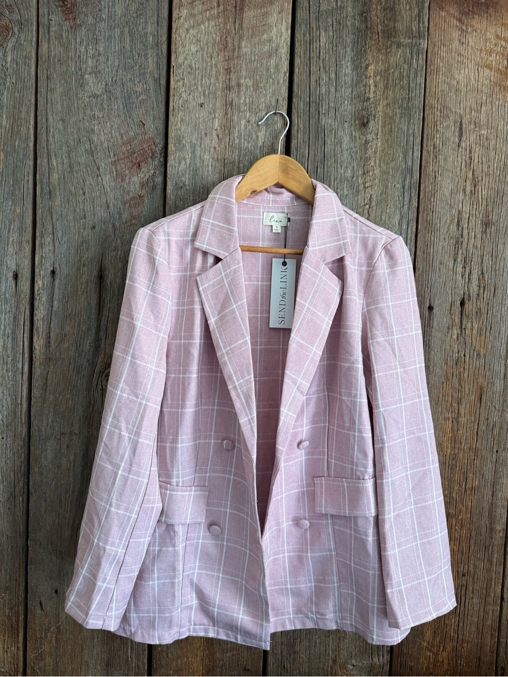Lena Light Pink Windowpane Double-Breasted Blazer